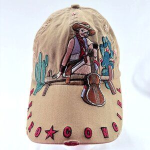 Retro Cowgirl Embroidered and Distressed Strapback Womens Tan Baseball Hat‎